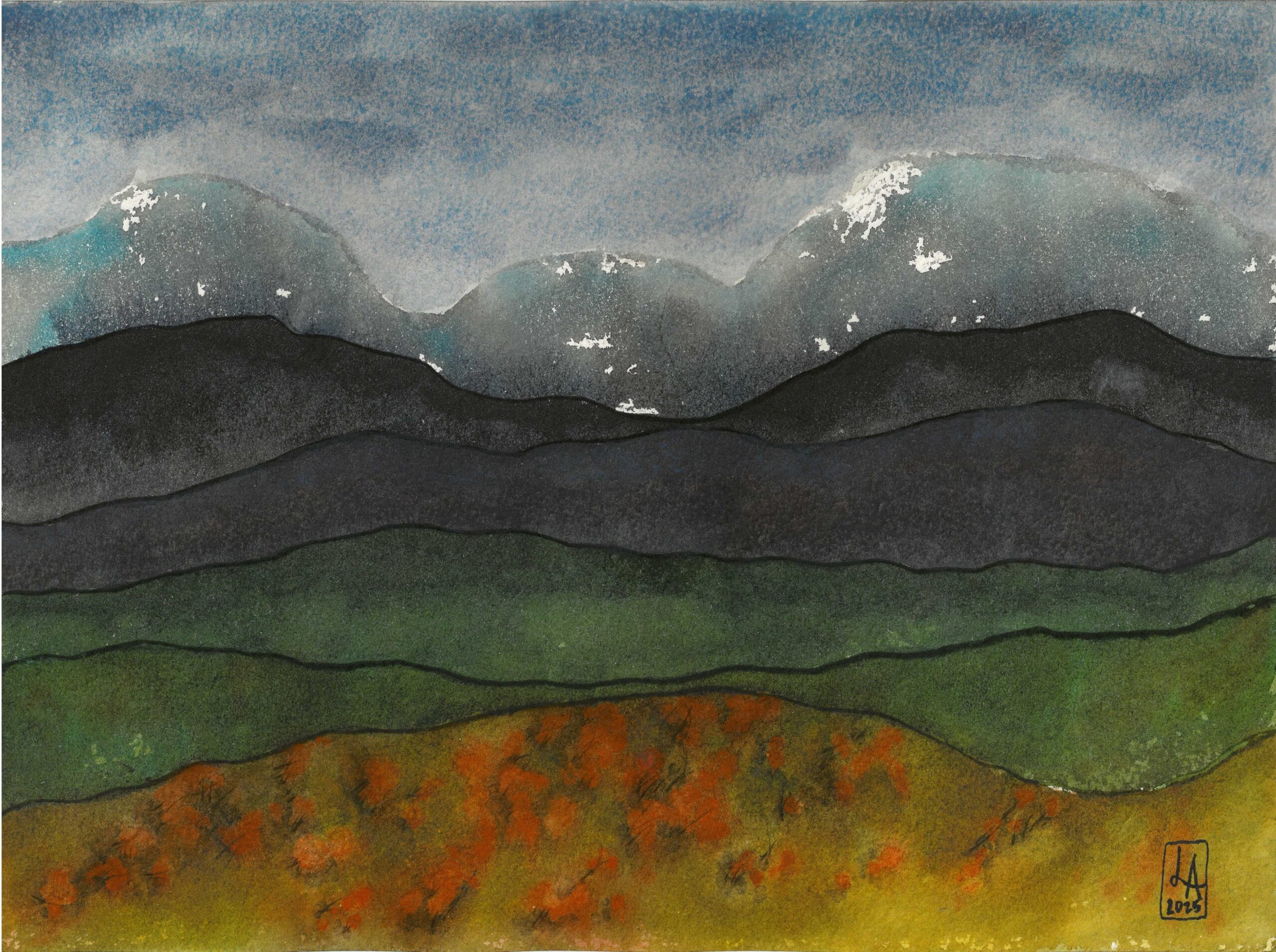 A watercolor painting of an abstract landscape, with hazy gray mountains in the distance, and warm green and brown hills dotted with orange in the foreground.
