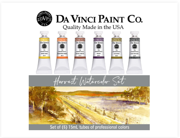 Six tubes of paint - Olive Brown, Harvest Moon, Twilight, Transparent Orange, Hematite, and Black Iron Oxide - as part of the Harvest Set by Da Vinci, are displayed above a landscape painted with these paints.
