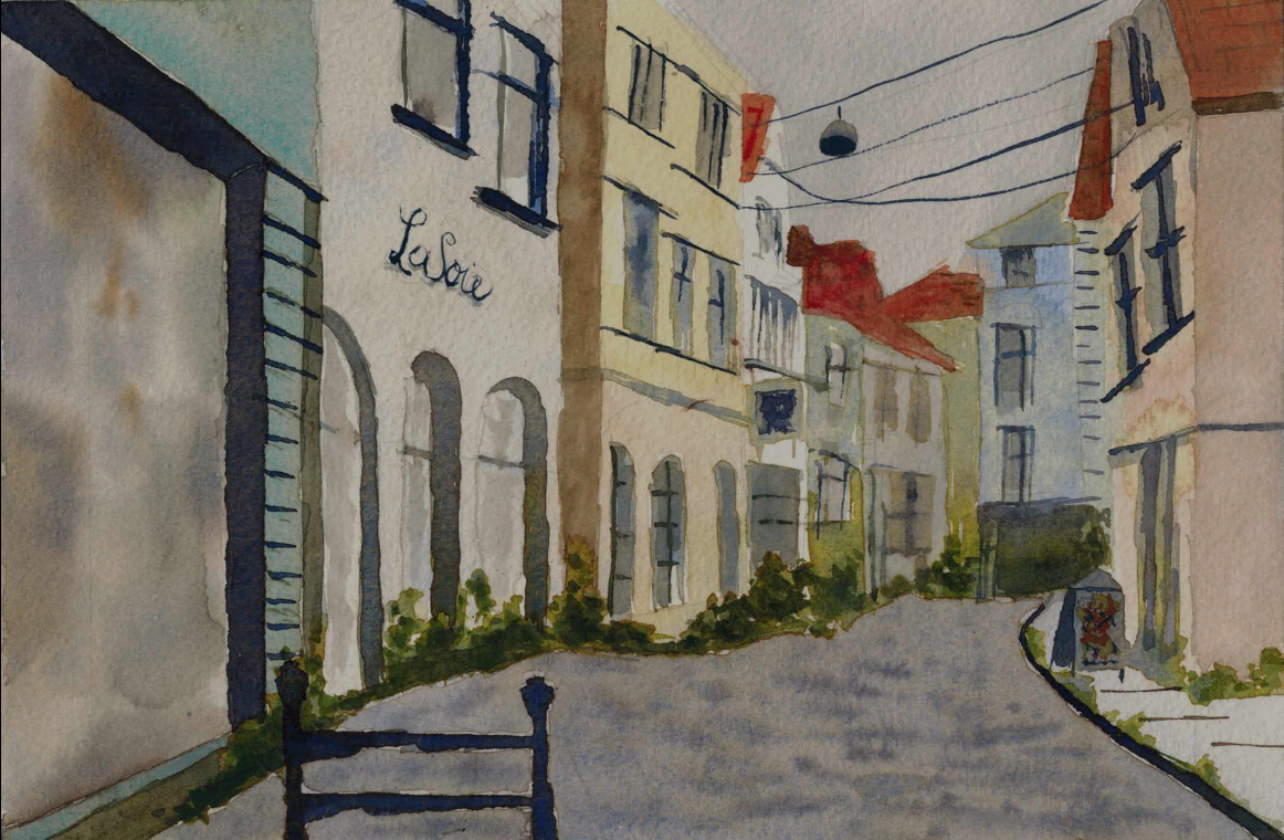 A watercolor painting of a cobblestone street in a French city. A store sign reads "La Soie".