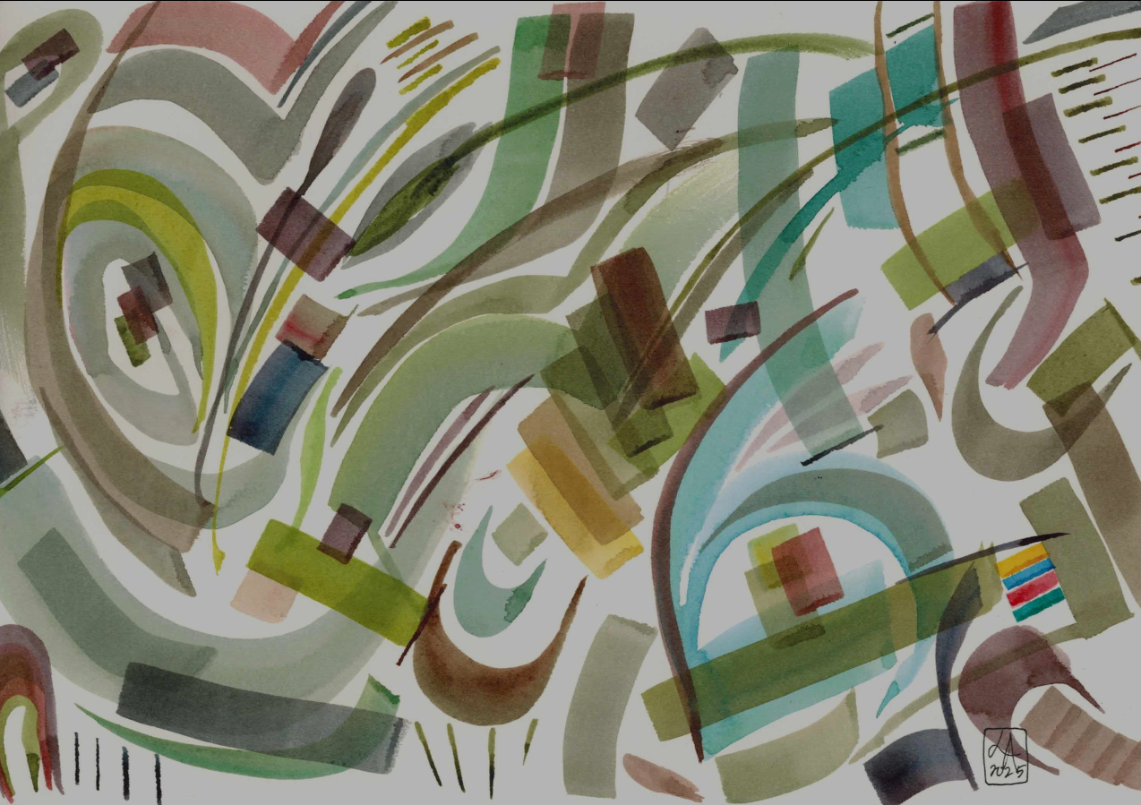A watercolor painting of an abstract with many overlapping lines and shapes creating depth and dimension.