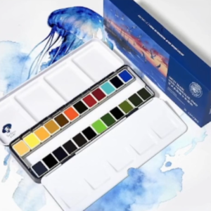 Paul Rubens Ocean Landscape watercolor set displaying 24 half pans in a metal palette.