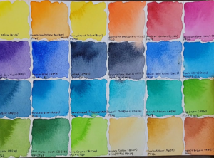 Swatches of the 24 paints in the Ocean Landscape set by Paul Rubens.