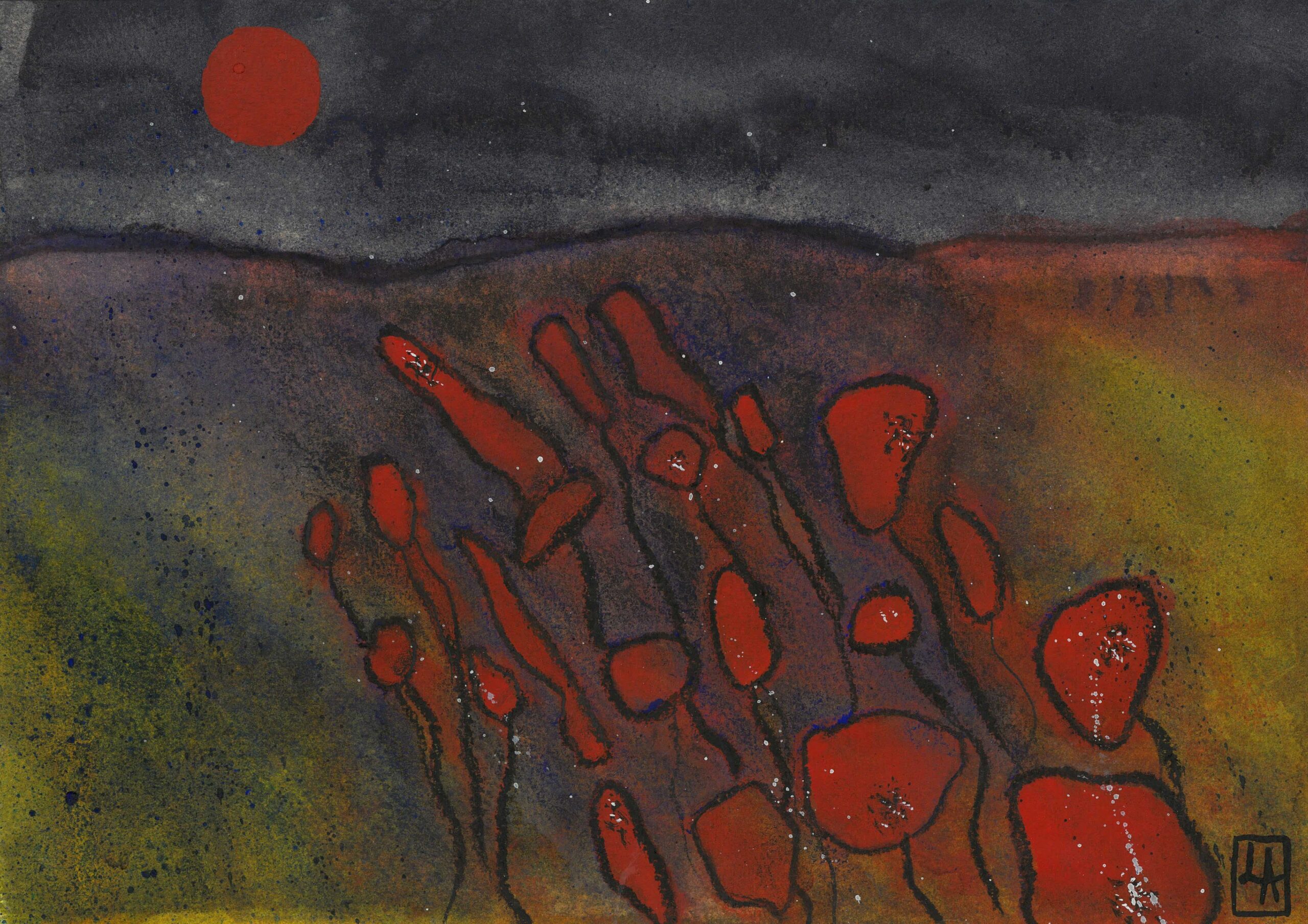 An abstract watercolor painting of a field of poppies at night, with a prominent red moon in a night sky.