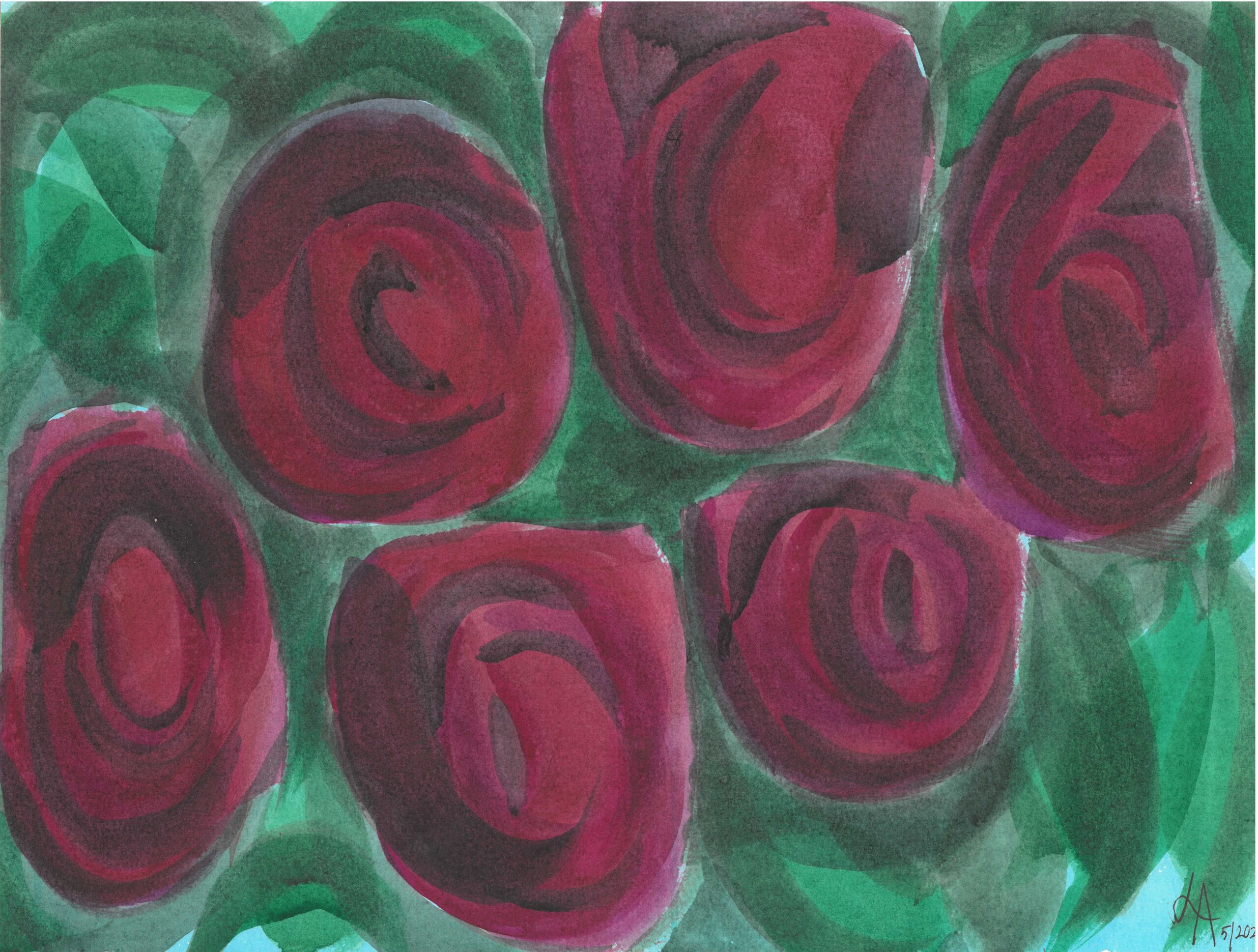 A watercolor painting of abstract magenta roses with a green blue background.