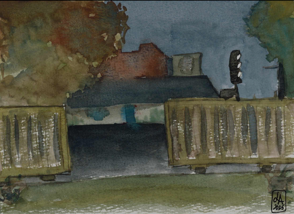 A watercolor painting of a church at night.