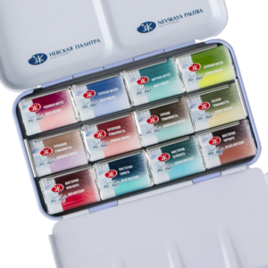 A metal palette with 12 unopened full pans of new granulating paints by White Nights.