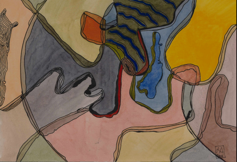 A watercolor painting of an abstract with many overlapping lines and shapes creating depth and dimension.