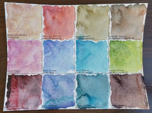 Swatches of 12 granulating paints by White Nights.