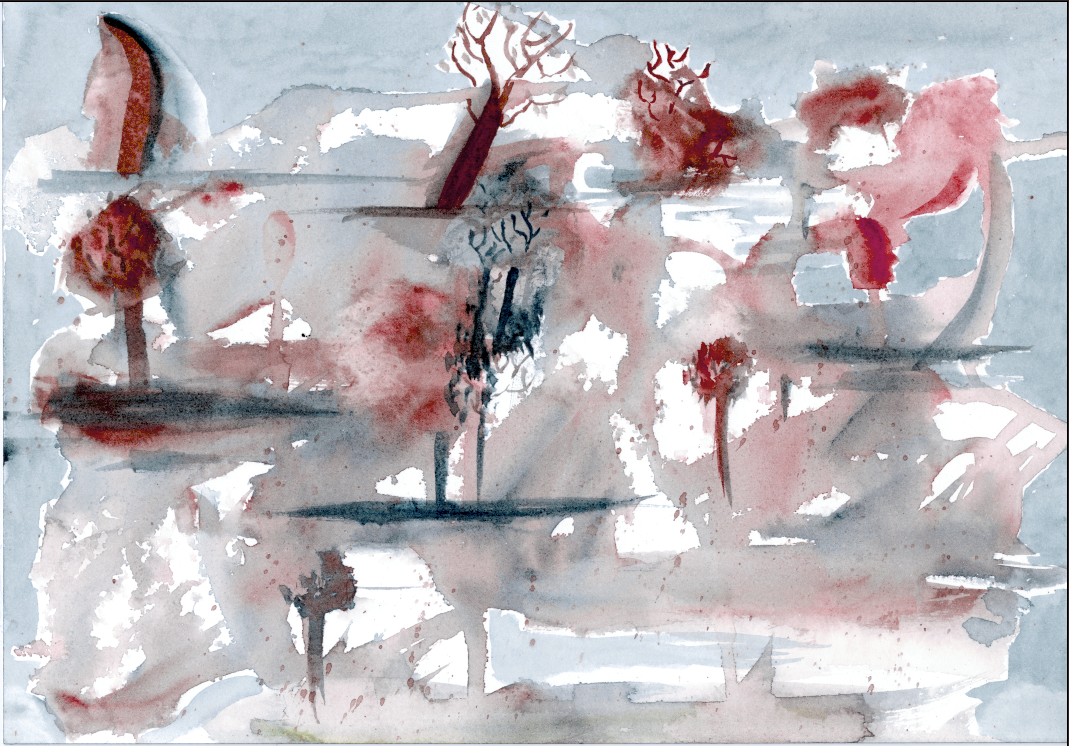 A multilevel abstract landscape in a muted red and blue hues.
