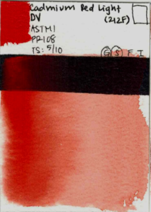 Swatch card of Cadmium Red Light PR108 by Da Vinci.