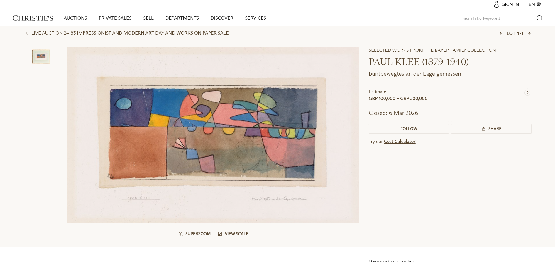 Paul Klee "buntbewegtes an der Lage gemessen" (1928) Christie's auction listing