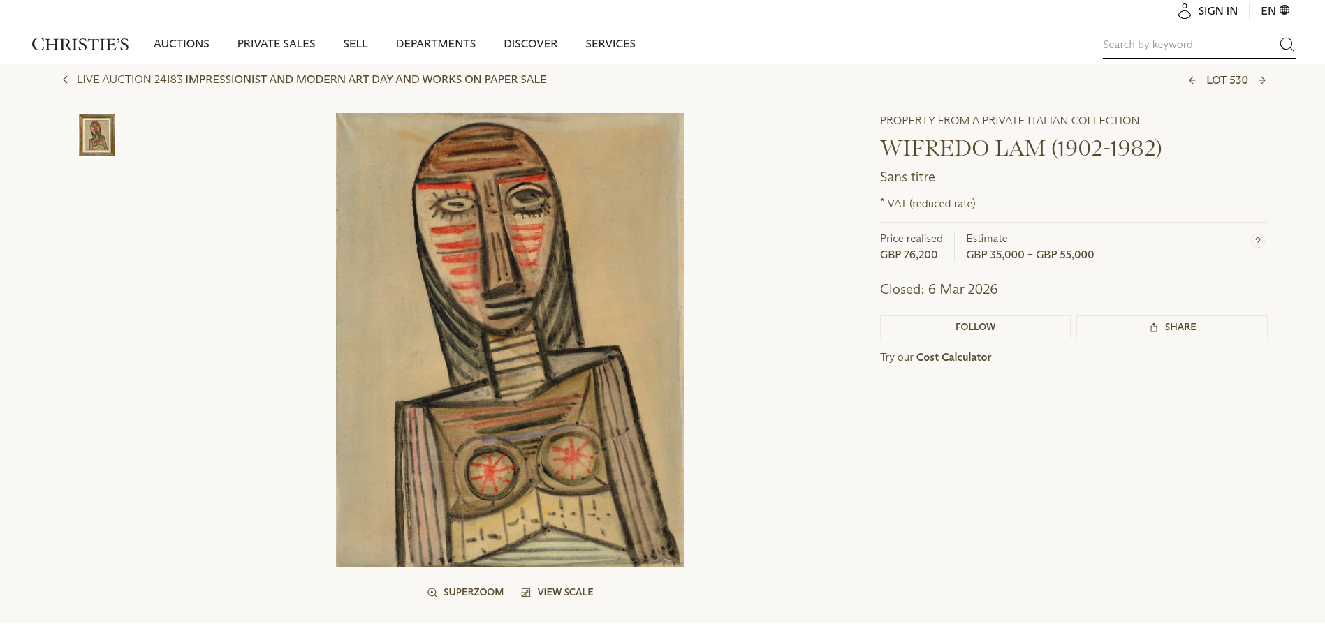 Wifredo Lam "Sans Titre" Christie's auction listing