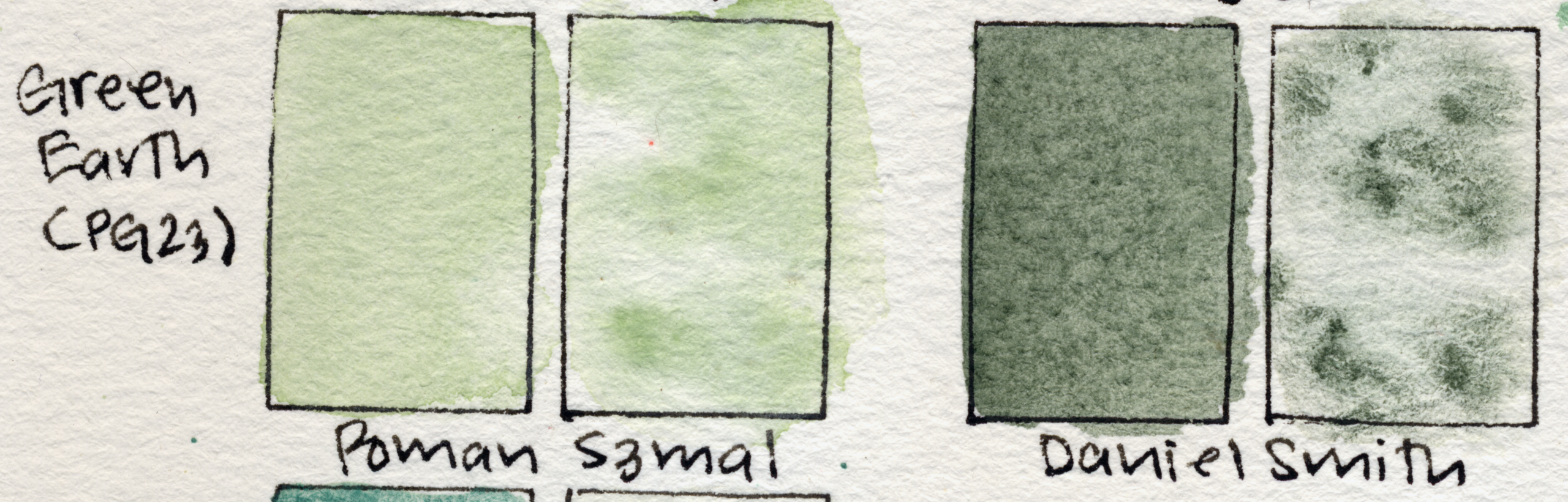 Swatch comparison of Green Earth PG23 by Roman Szmal and Rare Green Earth by Daniel Smith.