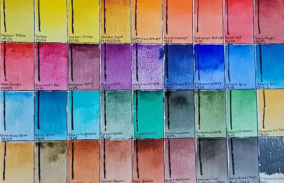 Swatches of a custom 36-paint White Nights watercolor palette, by the Watercolor Scientist.