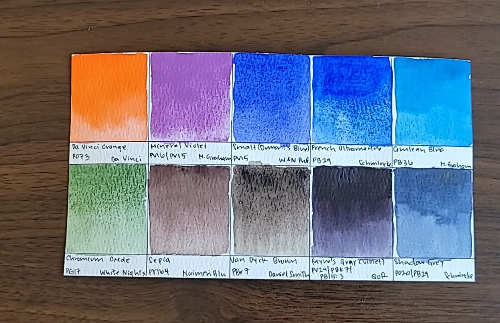 Swatches of 10 best paints of 2025: Pyrrol Orange PO73, Mineral Violet PV16/PV15, Smalt Blue PV15, French Ultramarine PB29, Cerulean Blue PB36, Chromium Oxide PG17, Sepia PY164, Van Dyck Brown PBr7, and Shadow Grey PO20/PB29.