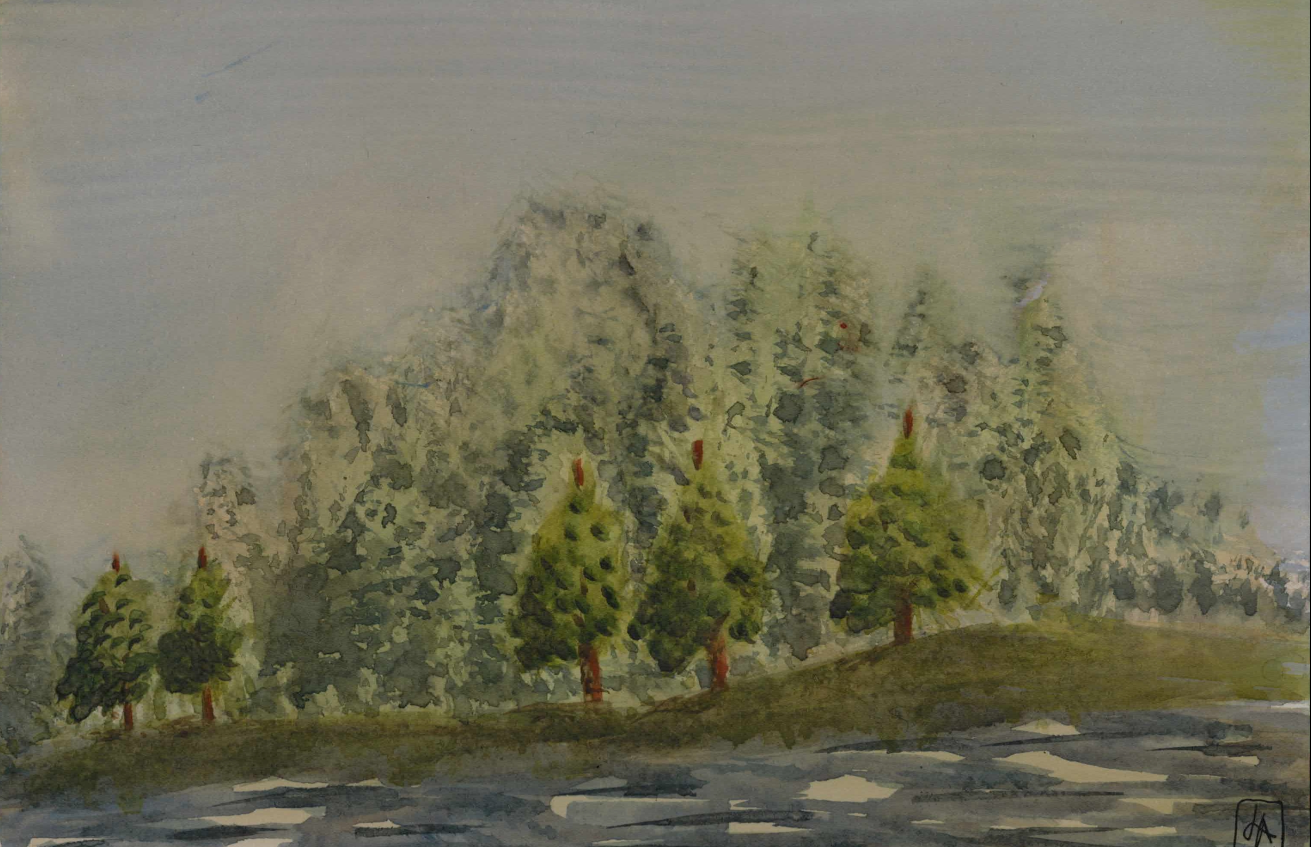 A watercolor painting of a forest landscape, with water in the foreground and hazy green blue trees in the distance.