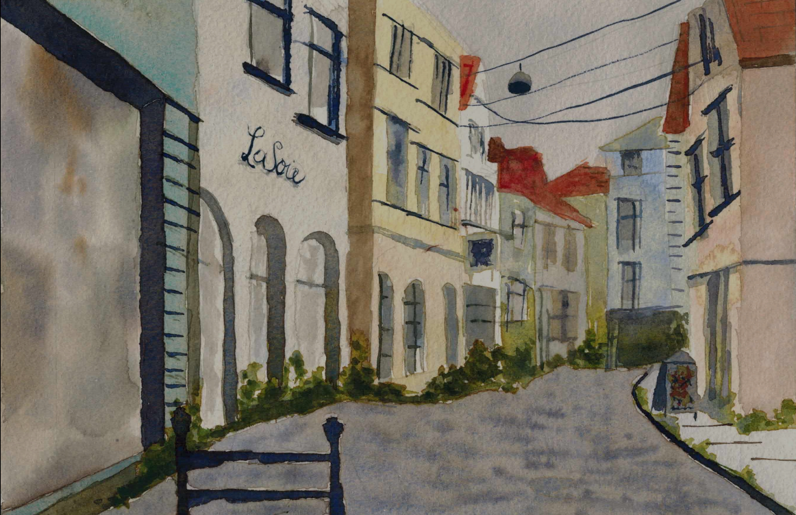 An urban sketch title "La Soie", painted with Roman Szmal's Urban Sketching Set.