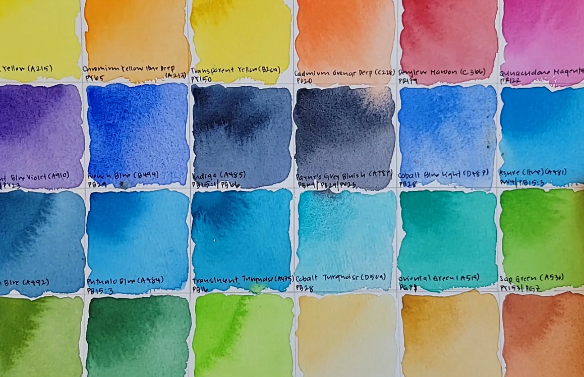 Swatches of the 24 paints in the Ocean Landscape set by Paul Rubens.
