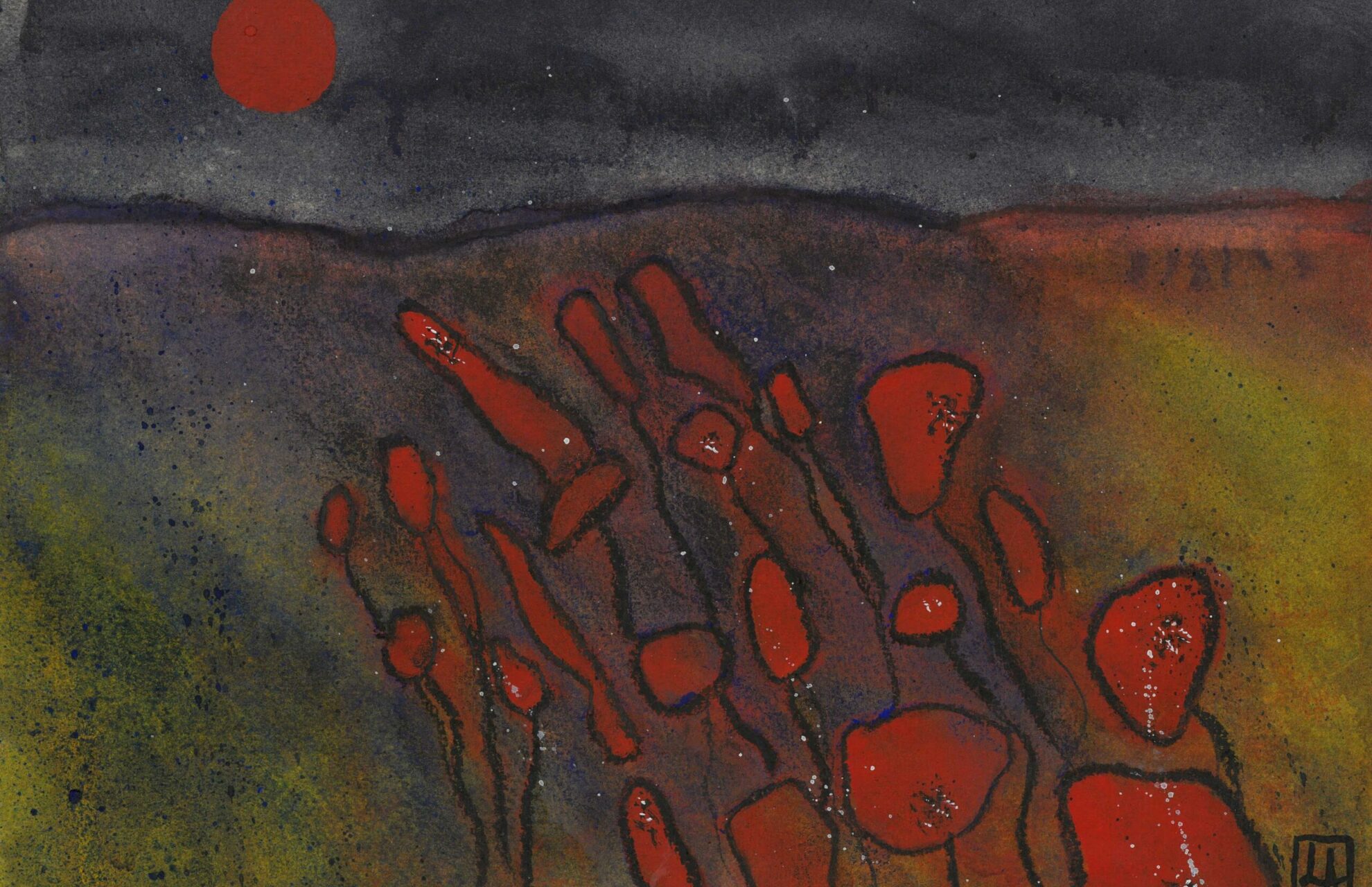 An abstract watercolor painting of a field of poppies at night, with a prominent red moon in a night sky.