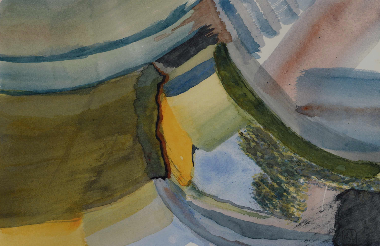 A watercolor painting of an abstract with many overlapping lines and shapes creating depth and dimension.