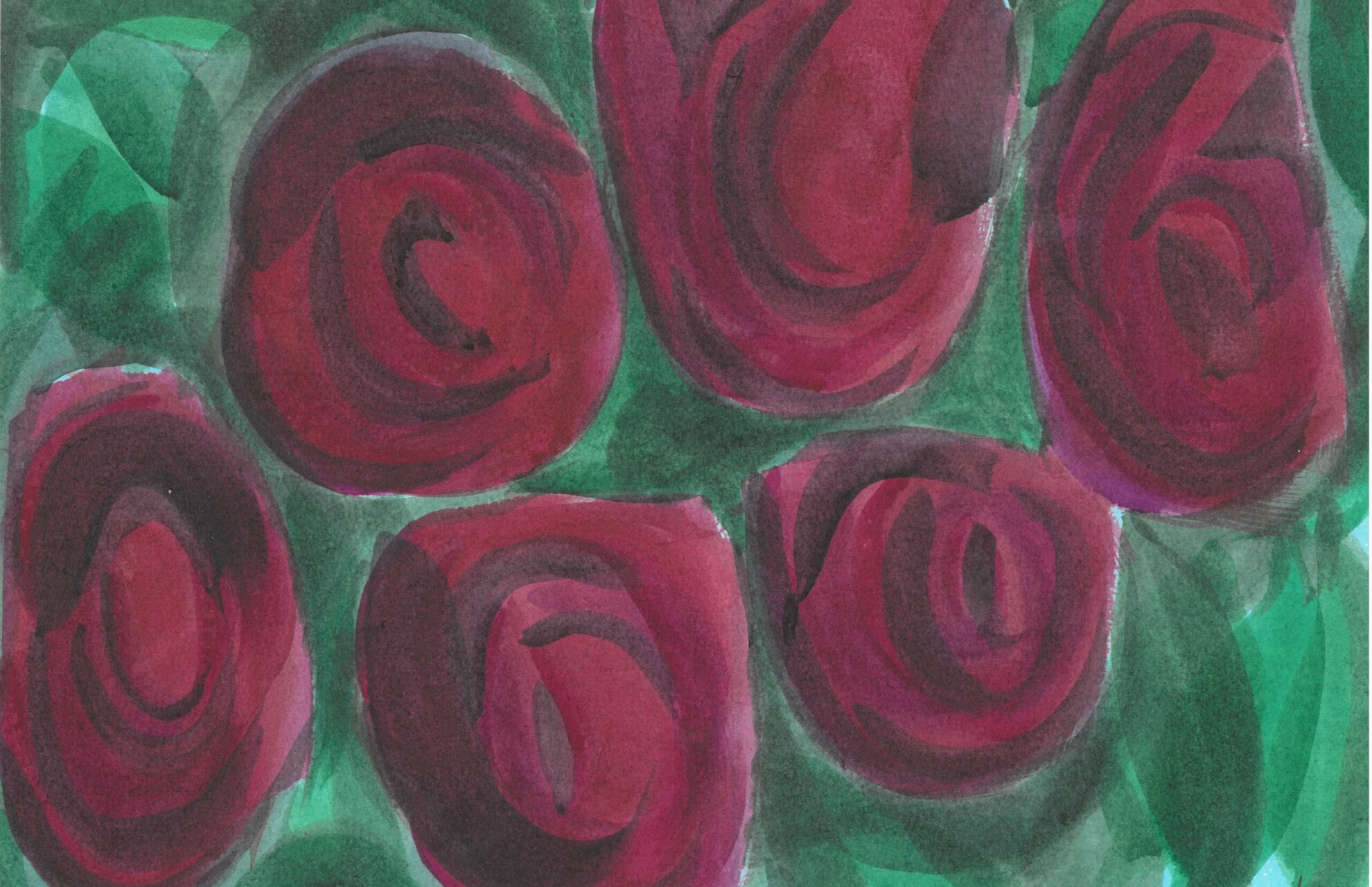 A watercolor painting of abstract magenta roses with a green blue background.