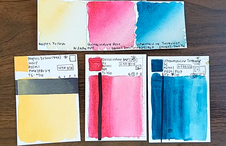 Swatches of Naples Yellow (a creamy yellow), Quinacridone Rose (a vibrant magenta), and Ultramarine Turquoise (a vibrant blue-green).