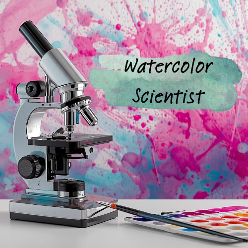A microscope, paintbrush, and watercolor brush sit on a table in front of a dreamy backsplash with magenta and teal paint. A green rectangle's text reads Watercolor Scientist.