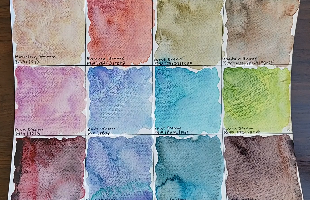 Swatches of 12 granulating paints by White Nights.