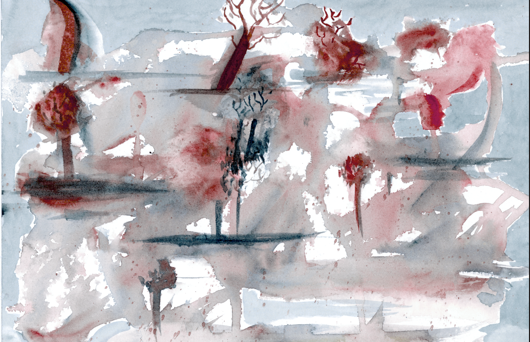 A painting by Watercolor Scientist, of a dreamy multilayered moody landscape, painted with Indigo PB66 and Perylene Maroon PR179.